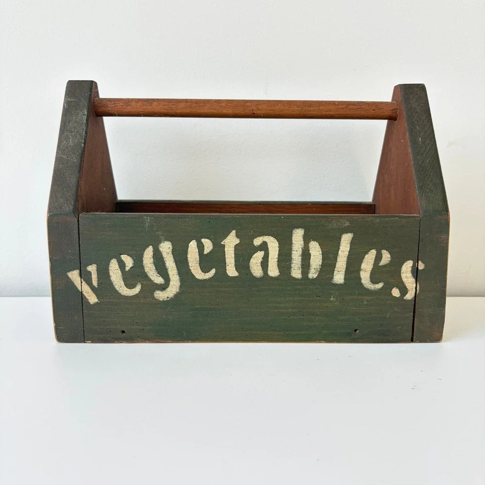 Vintage Rustic Wooden Vegetable Caddy Farmhouse Garden Trug Green Hand Painted